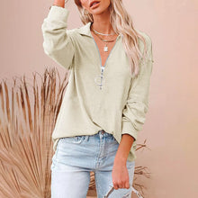 Load image into Gallery viewer, Women's Casual Solid Color Loose Zip V-neck Long Sleeve Large Size Loose Thread T-shirt
