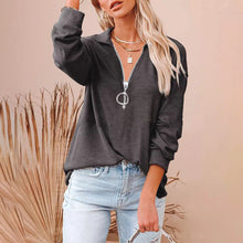 Load image into Gallery viewer, Women's Casual Solid Color Loose Zip V-neck Long Sleeve Large Size Loose Thread T-shirt
