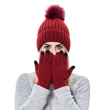 Load image into Gallery viewer, Women's Knit Hat Set 2021new Outdoor Keep Warm Touch Screen Knitting Wool Gloves Hat Two-Piece Set

