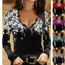 Load image into Gallery viewer, Women's Autumn and Winter V-neck Long-Sleeved Bottoming Shirt Floral T-shirt
