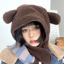 Load image into Gallery viewer, Cute Bear Ears/INS Cartoon Bear Cap Female Polar Fleece Autumn and Winter Earmuffs Hat Male Big Head Circumference Brown Hat
