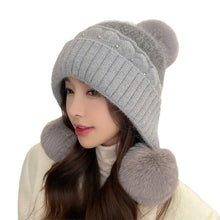 Load image into Gallery viewer, Travel Wear Hat Winter Women's Beaded Color Matching Ear Protection Fleece Lined Padded Warm Keeping Knitted Hat
