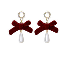 Load image into Gallery viewer, Red Vintage Flocking Bow Tassel Earrings Christmas Earrings Wine Red Fur Ball Pearl Earrings
