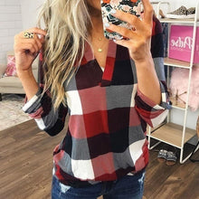 Load image into Gallery viewer, Top Spring and Autumn Shirt Women's Plaid Printed V-neck Middle Long Sleeve Tops Shirt
