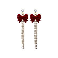 Load image into Gallery viewer, Red Vintage Flocking Bow Tassel Earrings Christmas Earrings Wine Red Fur Ball Pearl Earrings
