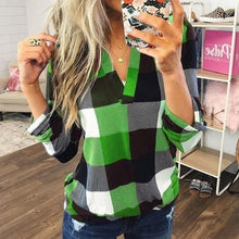 Load image into Gallery viewer, Top Spring and Autumn Shirt Women's Plaid Printed V-neck Middle Long Sleeve Tops Shirt
