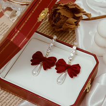 Load image into Gallery viewer, Red Vintage Flocking Bow Tassel Earrings Christmas Earrings Wine Red Fur Ball Pearl Earrings
