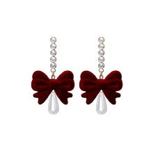 Load image into Gallery viewer, Red Vintage Flocking Bow Tassel Earrings Christmas Earrings Wine Red Fur Ball Pearl Earrings
