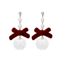 Load image into Gallery viewer, Red Vintage Flocking Bow Tassel Earrings Christmas Earrings Wine Red Fur Ball Pearl Earrings

