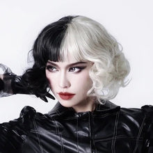 Load image into Gallery viewer, Wig Black and White Witch Kuila Cos Wig Female Half Black Half White Short Roll Full-Head Wig
