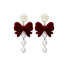Load image into Gallery viewer, Red Vintage Flocking Bow Tassel Earrings Christmas Earrings Wine Red Fur Ball Pearl Earrings

