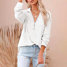 Load image into Gallery viewer, Women's Casual Solid Color Loose Zip V-neck Long Sleeve Large Size Loose Thread T-shirt
