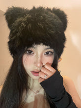 Load image into Gallery viewer, Black Bear Ears Rabbit Fur Hat Children's Cute Plush Toque Cold-Proof Warm Knitted Hat Leather
