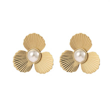 Load image into Gallery viewer, Gold Metal Pearl Flower Earrings Women's Fashion All-Match Three-Petal Earrings &amp; Stud Earrings
