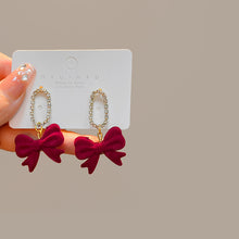 Load image into Gallery viewer, Red Vintage Flocking Bow Tassel Earrings Christmas Earrings Wine Red Fur Ball Pearl Earrings
