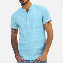 Load image into Gallery viewer, Men's Stand Collar Short Sleeve V-neck Cotton Linen Shirt

