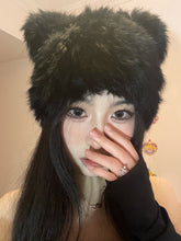 Load image into Gallery viewer, Black Bear Ears Rabbit Fur Hat Children's Cute Plush Toque Cold-Proof Warm Knitted Hat Leather
