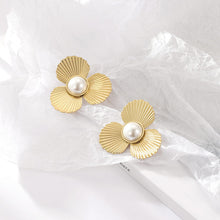 Load image into Gallery viewer, Gold Metal Pearl Flower Earrings Women's Fashion All-Match Three-Petal Earrings &amp; Stud Earrings
