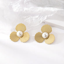 Load image into Gallery viewer, Gold Metal Pearl Flower Earrings Women's Fashion All-Match Three-Petal Earrings &amp; Stud Earrings
