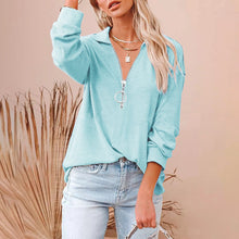 Load image into Gallery viewer, Women's Casual Solid Color Loose Zip V-neck Long Sleeve Large Size Loose Thread T-shirt
