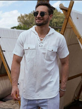 Load image into Gallery viewer, Cotton and Linen Short-Sleeved Shirt Cross-Border Double-Pocket Workwear Hooded Solid Color Shirt for Men
