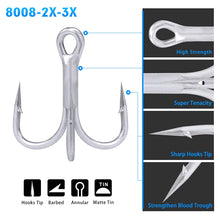 Load image into Gallery viewer, 10pcs/lot Saltwater Fishing Hook Matte Tin Treble Hook 2/0#-1/0#-1#-2#-4#-6#-8# High-Carbon Steel High Strength 3X Hook
