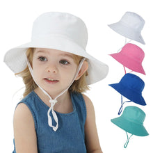 Load image into Gallery viewer, Summer Outdoor UV Protection Bucket Hat for Baby Kids Wide Brim  Beach Sun Hat Adjustable Chin Strap Cap for 0-8 Years Girl Boy
