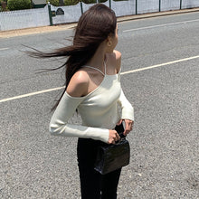 Load image into Gallery viewer, Sweater Mujer 2023 Sexy Off Shoulder Slim Knitted Sweaters Long Sleeve Pull Femme Autumn Vintage Chandails White Black Top Women

