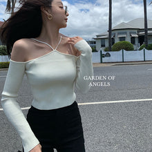 Load image into Gallery viewer, Sweater Mujer 2023 Sexy Off Shoulder Slim Knitted Sweaters Long Sleeve Pull Femme Autumn Vintage Chandails White Black Top Women
