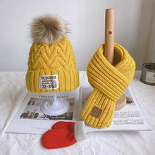 Load image into Gallery viewer, Three-piece children's winter/autumn woolen cap for boys and girls warm scarf gloves combination baby jumper knitted hat
