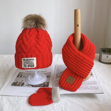 Load image into Gallery viewer, Three-piece children's winter/autumn woolen cap for boys and girls warm scarf gloves combination baby jumper knitted hat
