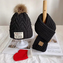 Load image into Gallery viewer, Three-piece children's winter/autumn woolen cap for boys and girls warm scarf gloves combination baby jumper knitted hat
