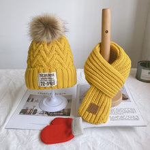 Load image into Gallery viewer, Three-piece children's winter/autumn woolen cap for boys and girls warm scarf gloves combination baby jumper knitted hat
