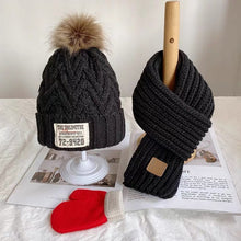 Load image into Gallery viewer, Three-piece children's winter/autumn woolen cap for boys and girls warm scarf gloves combination baby jumper knitted hat
