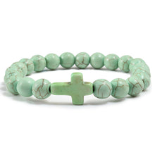 Load image into Gallery viewer, Trendy Jesus Cross Charm Blue Turquoises Men Bracelet Black Lava Stone 8mm White Beads Bracelets Bangles for Women Yoga Jewelry
