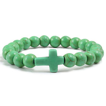 Load image into Gallery viewer, Trendy Jesus Cross Charm Blue Turquoises Men Bracelet Black Lava Stone 8mm White Beads Bracelets Bangles for Women Yoga Jewelry
