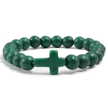 Load image into Gallery viewer, Trendy Jesus Cross Charm Blue Turquoises Men Bracelet Black Lava Stone 8mm White Beads Bracelets Bangles for Women Yoga Jewelry
