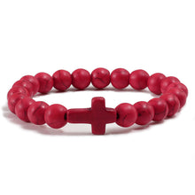 Load image into Gallery viewer, Trendy Jesus Cross Charm Blue Turquoises Men Bracelet Black Lava Stone 8mm White Beads Bracelets Bangles for Women Yoga Jewelry
