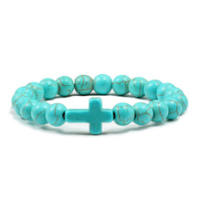 Load image into Gallery viewer, Trendy Jesus Cross Charm Blue Turquoises Men Bracelet Black Lava Stone 8mm White Beads Bracelets Bangles for Women Yoga Jewelry
