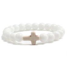 Load image into Gallery viewer, Trendy Jesus Cross Charm Blue Turquoises Men Bracelet Black Lava Stone 8mm White Beads Bracelets Bangles for Women Yoga Jewelry
