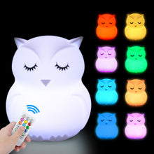 Load image into Gallery viewer, Owl LED Night Light Touch Sensor Remote Control Dimmable Timer USB Rechargeable Silicone Bedside Lamp for Children Baby
