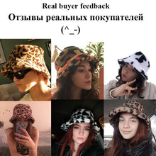 Load image into Gallery viewer, Winter Cow Leopard Faux Fur Fluffy Bucket Hats Women Outdoor Warm Sun Hat Soft Velvet Furly Fisherman Cap Lady Fashion Panama
