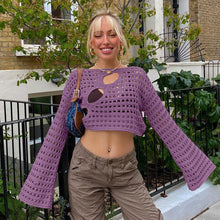 Load image into Gallery viewer, Hollow Out Cropped Knit Smock Top Women Vintage Loose Distressed Crochet Pullovers Crop Tops Fairy Grunge Sweater Cover-up
