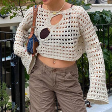 Load image into Gallery viewer, Hollow Out Cropped Knit Smock Top Women Vintage Loose Distressed Crochet Pullovers Crop Tops Fairy Grunge Sweater Cover-up
