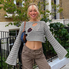 Load image into Gallery viewer, Hollow Out Cropped Knit Smock Top Women Vintage Loose Distressed Crochet Pullovers Crop Tops Fairy Grunge Sweater Cover-up
