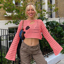Load image into Gallery viewer, Hollow Out Cropped Knit Smock Top Women Vintage Loose Distressed Crochet Pullovers Crop Tops Fairy Grunge Sweater Cover-up
