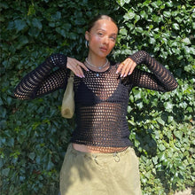 Load image into Gallery viewer, Hollow Out Cropped Knit Smock Top Women Vintage Loose Distressed Crochet Pullovers Crop Tops Fairy Grunge Sweater Cover-up
