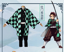 Load image into Gallery viewer, adult and kids Demon Slayer Cosplay Tanjirou Kamado Cosplay Costume Kimetsu no Yaiba Men Kimono Costume wigs earrings Halloween
