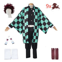 Load image into Gallery viewer, adult and kids Demon Slayer Cosplay Tanjirou Kamado Cosplay Costume Kimetsu no Yaiba Men Kimono Costume wigs earrings Halloween
