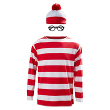 Load image into Gallery viewer, Where's Waldo Now Red and White Stripes Cosplay Costume Adult Men T Shirt Sweater+Hat+Glasses For Christmas Halloween Party Suit
